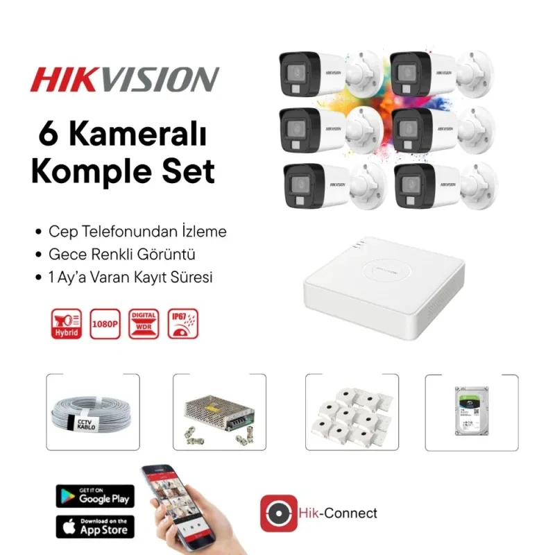 6 Kameralı Gece Renkli Görüşlü Full HD AHD Güvenlik Kamera Seti