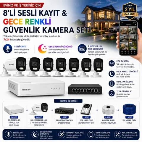 8'li IP Kamera Güvenlik Seti (DS-7108NI-Q1 + 8 Adet DS-2CD1021G2-LIUF + 1 TB HDD + 8 Port PoE Switch)
