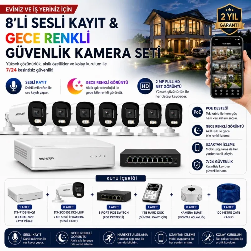 8'li IP Kamera Güvenlik Seti (DS-7108NI-Q1 + 8 Adet DS-2CD1021G2-LIUF + 1 TB HDD + 8 Port PoE Switch)
